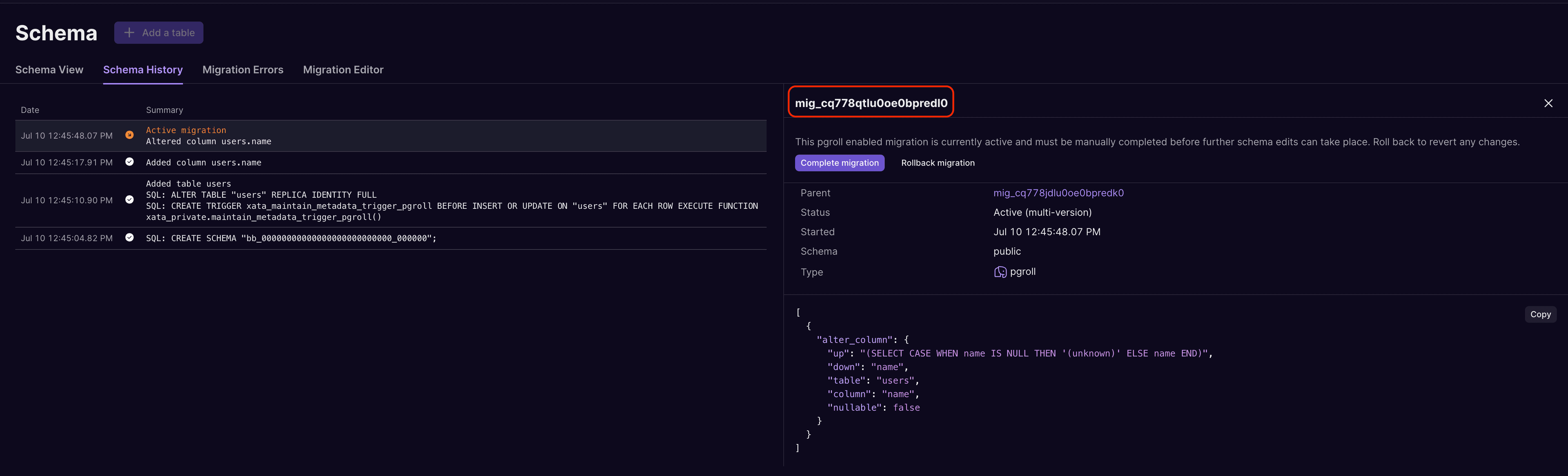 The schema history view shows all schema changes on the branch, along with the name of each migration